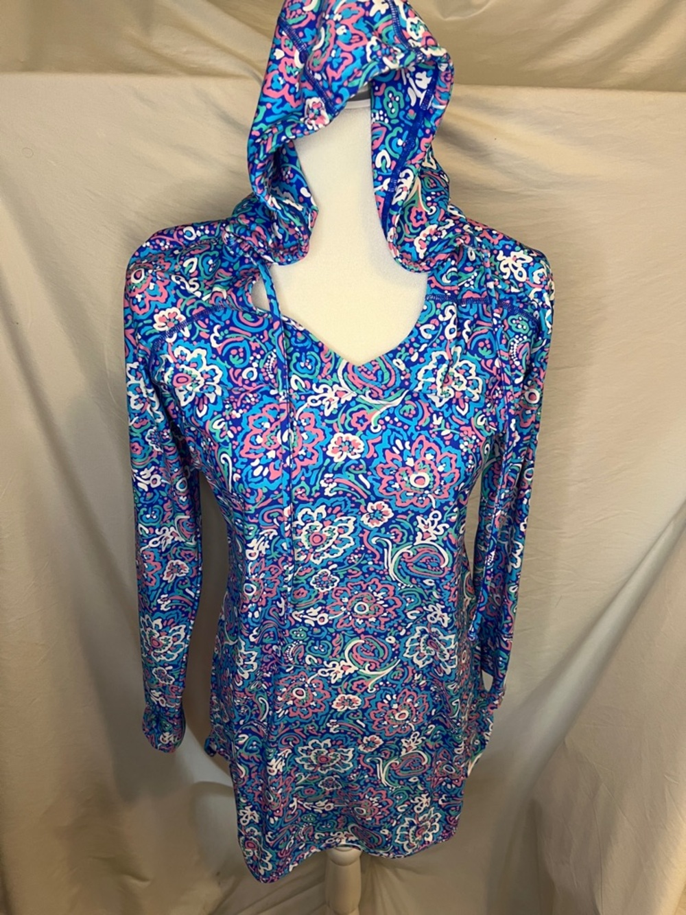 Coolibar Bright Blue and Pink Paisley Swim Cover-Up Dress SPF